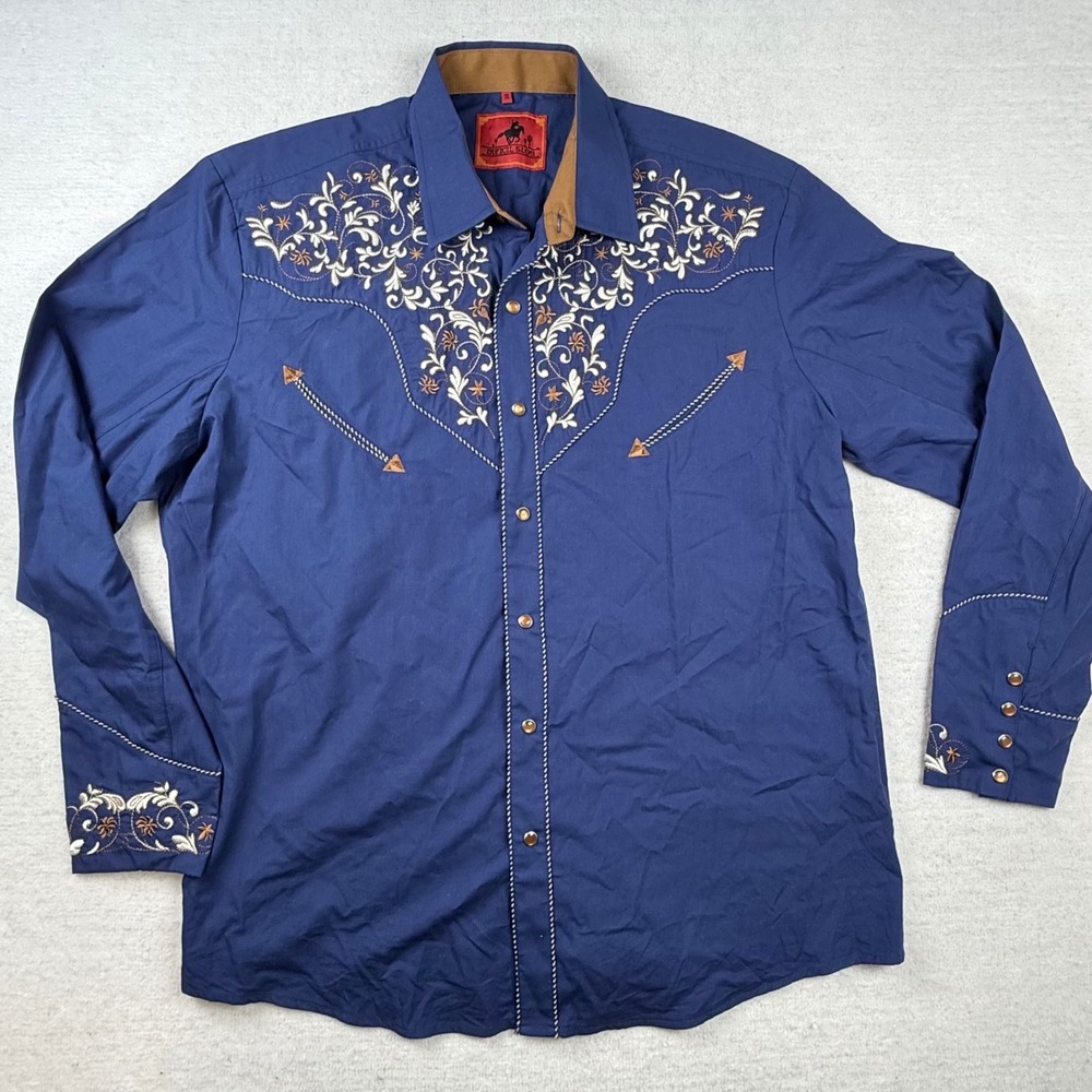 Dificil Slog Mens XL Navy Blue Western Pearl Snap Shirt Rockabilly rodeo cowboy